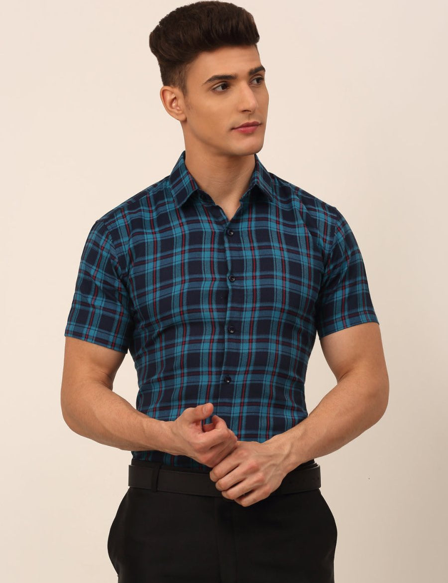 Men's Cotton Checked Half Sleeves Formal Shirts - SF_818Sky-Blue_S