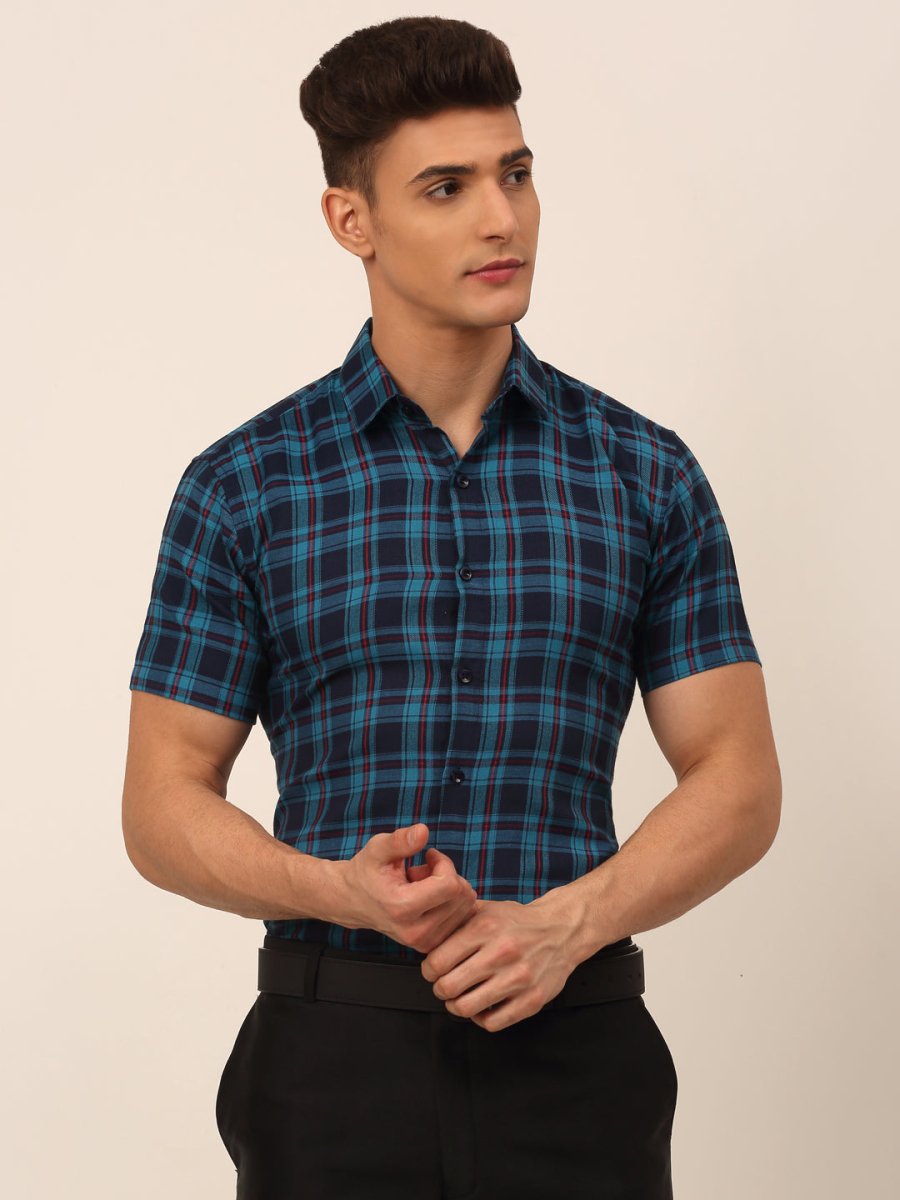 Men's Cotton Checked Half Sleeves Formal Shirts - SF_818Sky-Blue_S