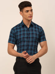 Men's Cotton Checked Half Sleeves Formal Shirts - SF_818Sky-Blue_S