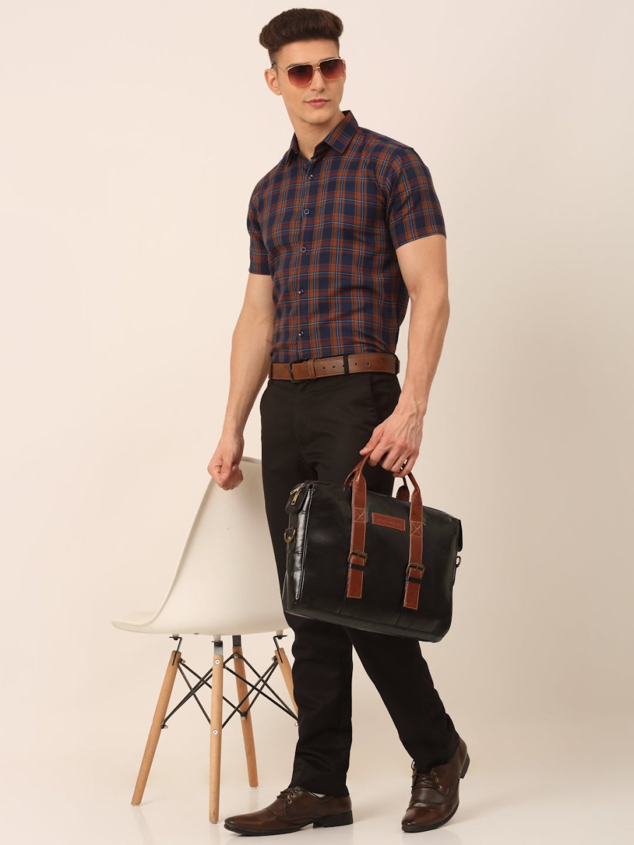 Men's Cotton Checked Half Sleeves Formal Shirts - SF_818Orange-Blue_S
