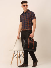 Men's Cotton Checked Half Sleeves Formal Shirts - SF_818Orange-Blue_S
