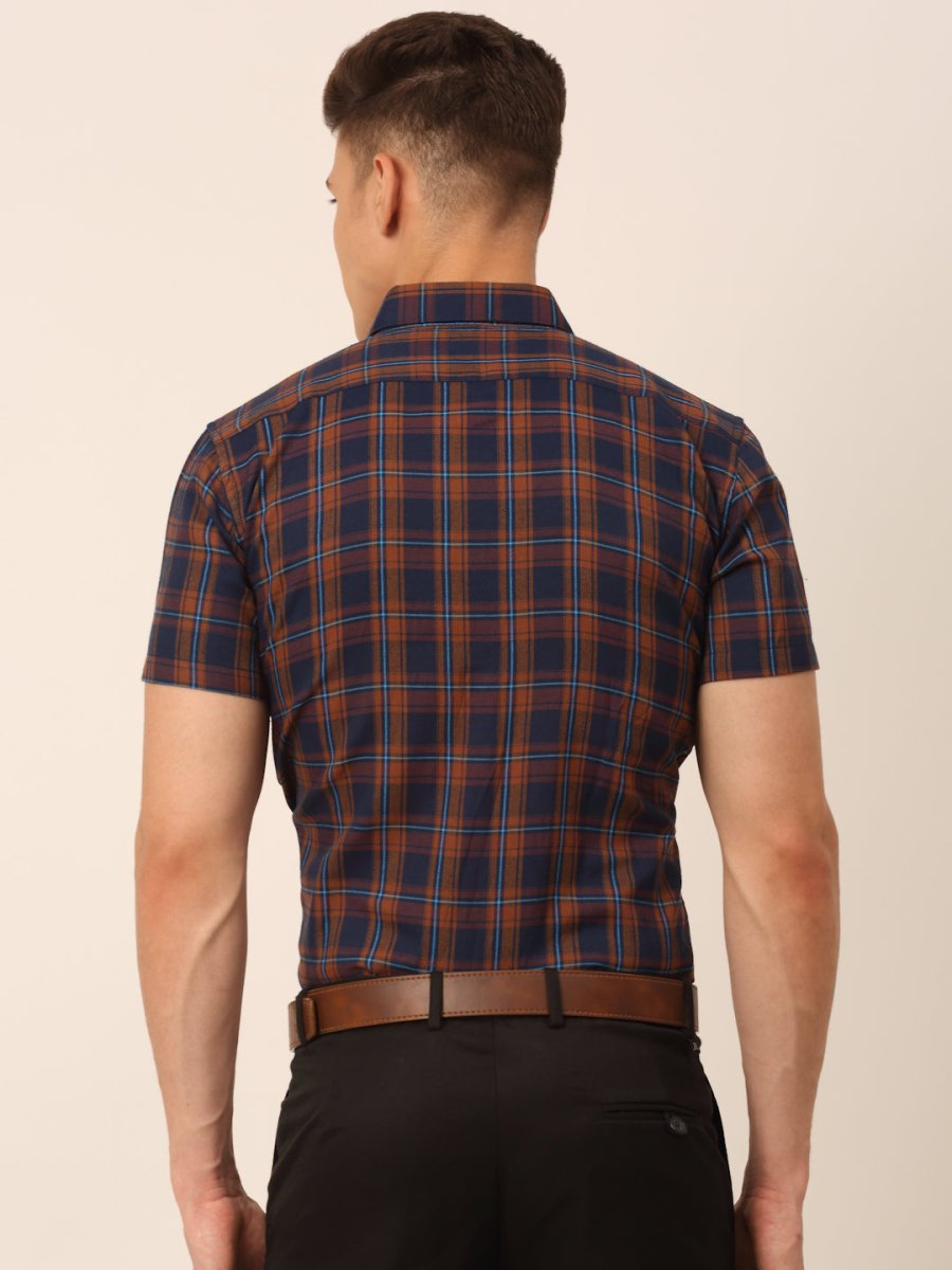 Men's Cotton Checked Half Sleeves Formal Shirts - SF_818Orange-Blue_S