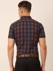 Men's Cotton Checked Half Sleeves Formal Shirts - SF_818Orange-Blue_S