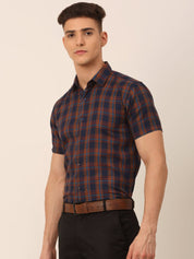Men's Cotton Checked Half Sleeves Formal Shirts - SF_818Orange-Blue_S