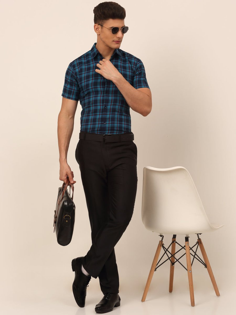 Men's Cotton Checked Half Sleeves Formal Shirts - SF_818Sky-Blue_S