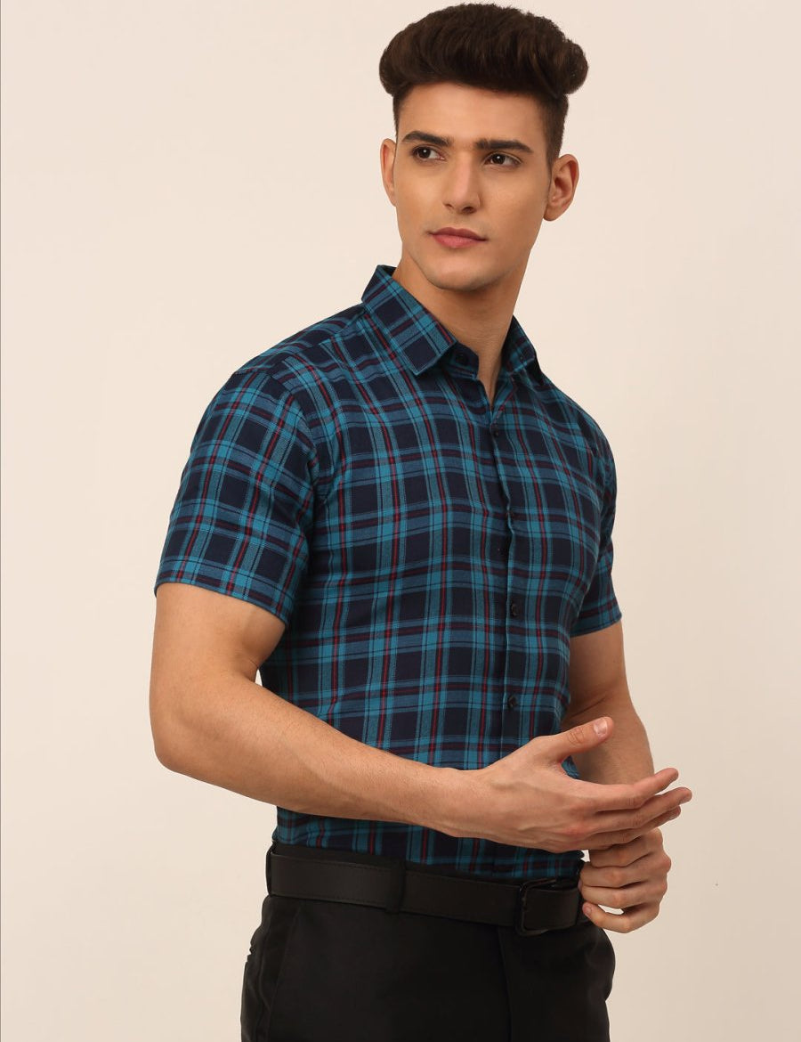 Men's Cotton Checked Half Sleeves Formal Shirts - SF_818Sky-Blue_S