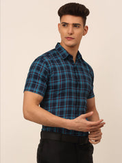 Men's Cotton Checked Half Sleeves Formal Shirts - SF_818Sky-Blue_S