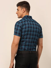 Men's Cotton Checked Half Sleeves Formal Shirts - SF_818Sky-Blue_S