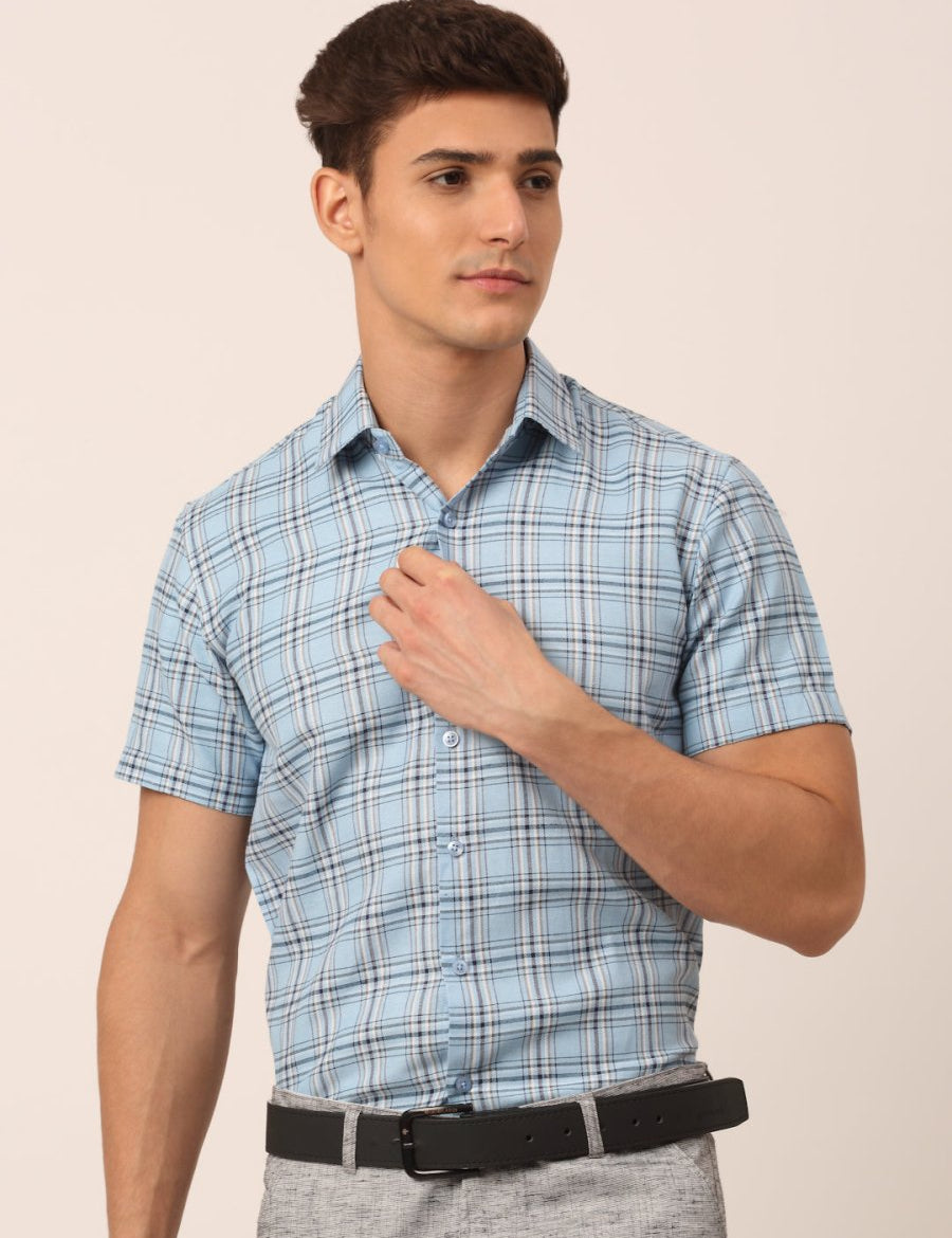 Men's Cotton Checked Half Sleeves Formal Shirts - SF_815Sky_S