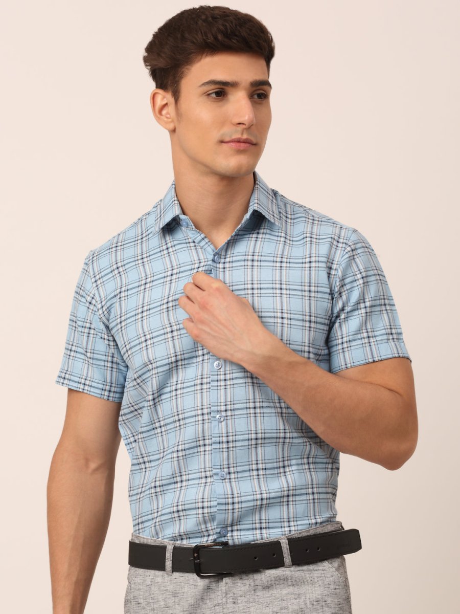 Men's Cotton Checked Half Sleeves Formal Shirts - SF_815Sky_S