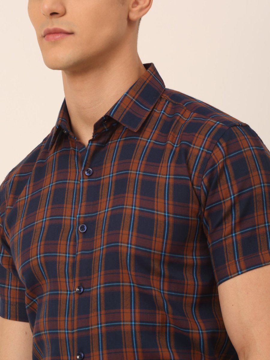 Men's Cotton Checked Half Sleeves Formal Shirts - SF_818Orange-Blue_S