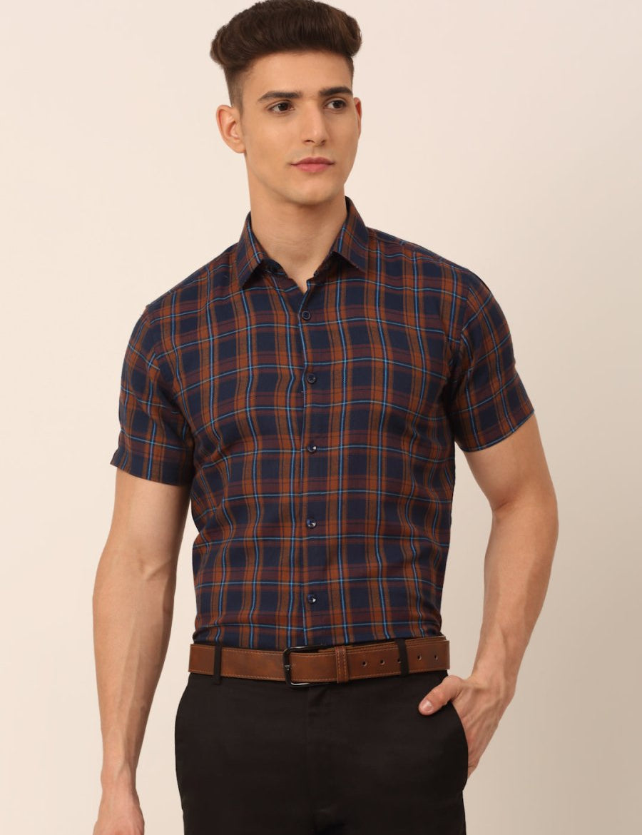 Men's Cotton Checked Half Sleeves Formal Shirts - SF_818Orange-Blue_S