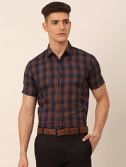 Men's Cotton Checked Half Sleeves Formal Shirts - SF_818Orange-Blue_S