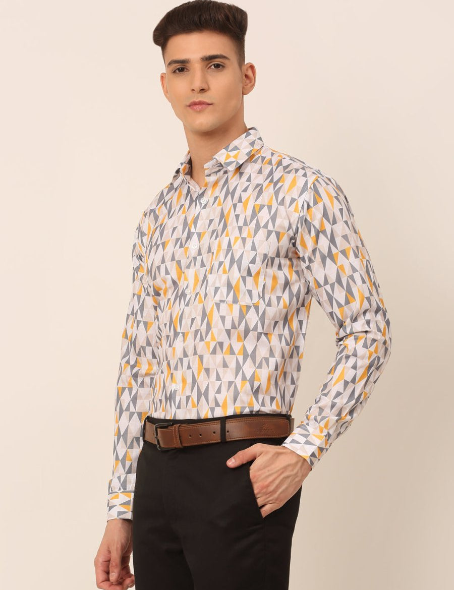 Men's Cotton Printed Formal Shirts - SF_831White-Grey_S