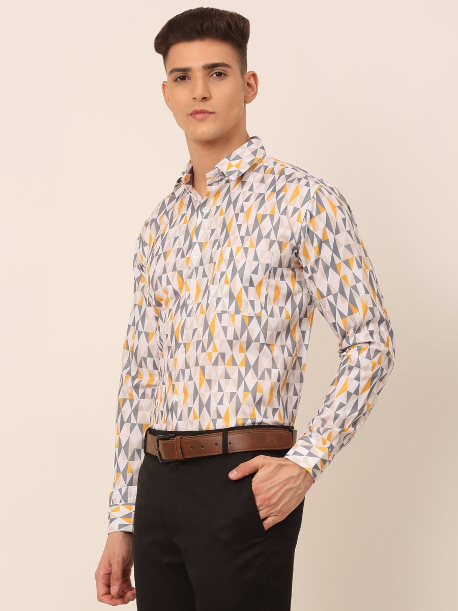 Men's Cotton Printed Formal Shirts - SF_831White-Grey_S