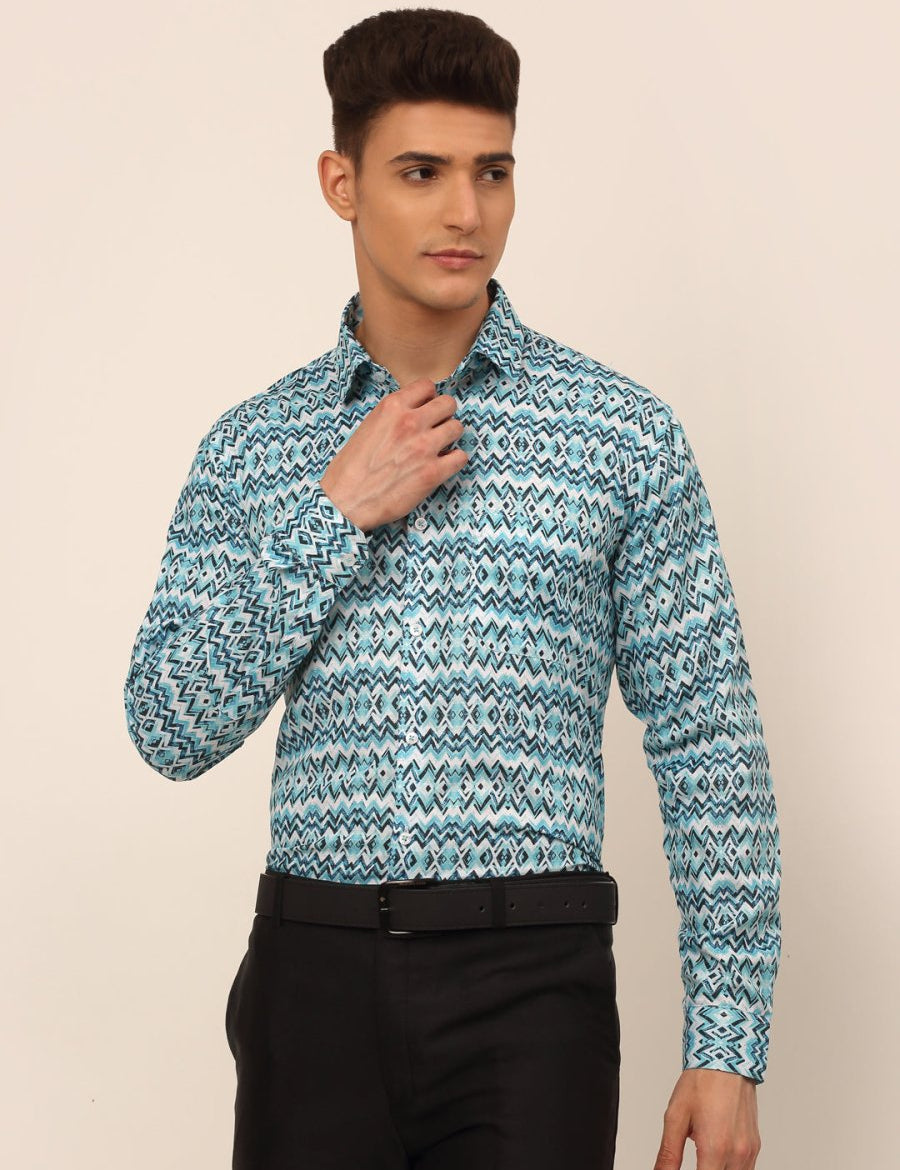 Men's Cotton Printed Formal Shirts - SF_831Sky_S