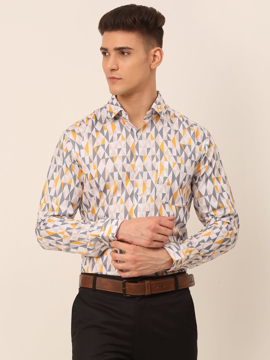 Men's Cotton Printed Formal Shirts - SF_831White-Grey_S