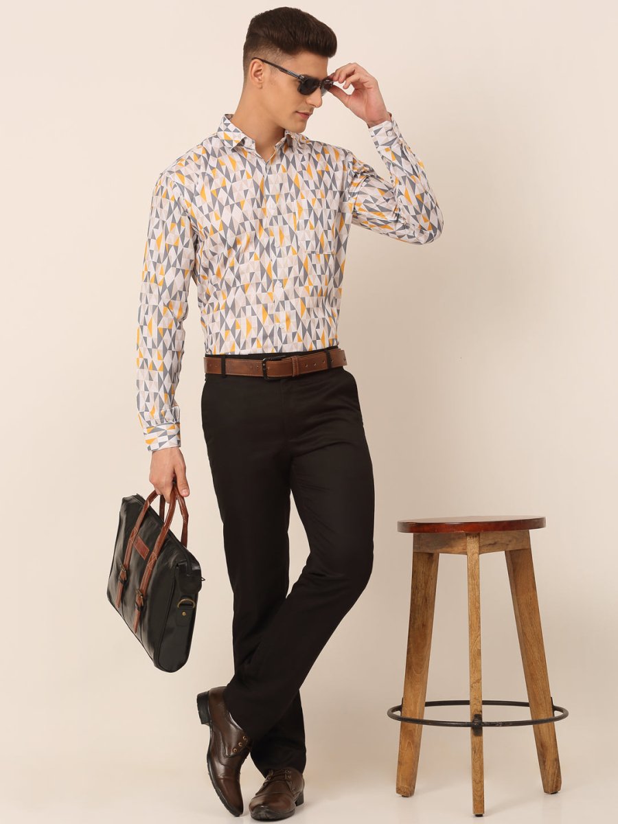 Men's Cotton Printed Formal Shirts - SF_831White-Grey_S