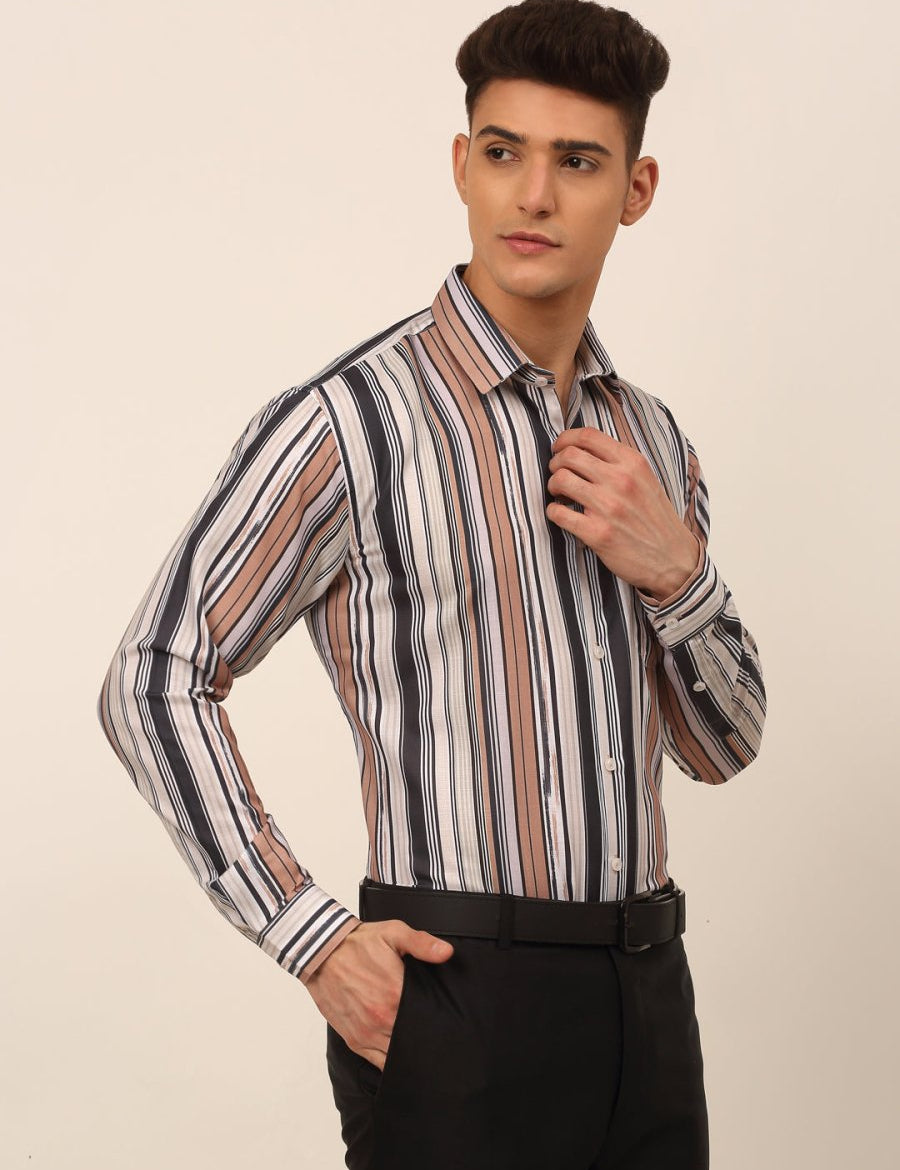 Men's Cotton Striped Formal Shirts - SF_832Brown_S