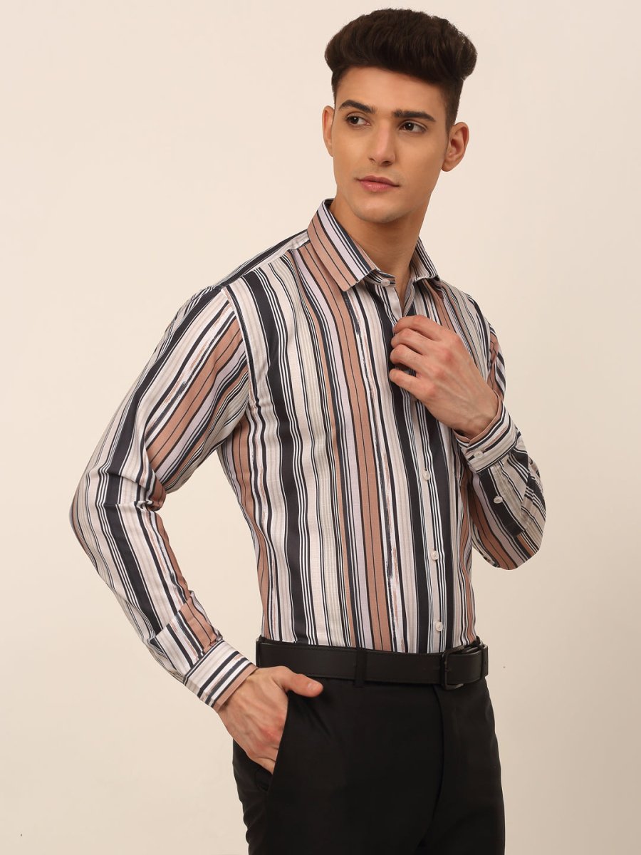 Men's Cotton Striped Formal Shirts - SF_832Brown_S