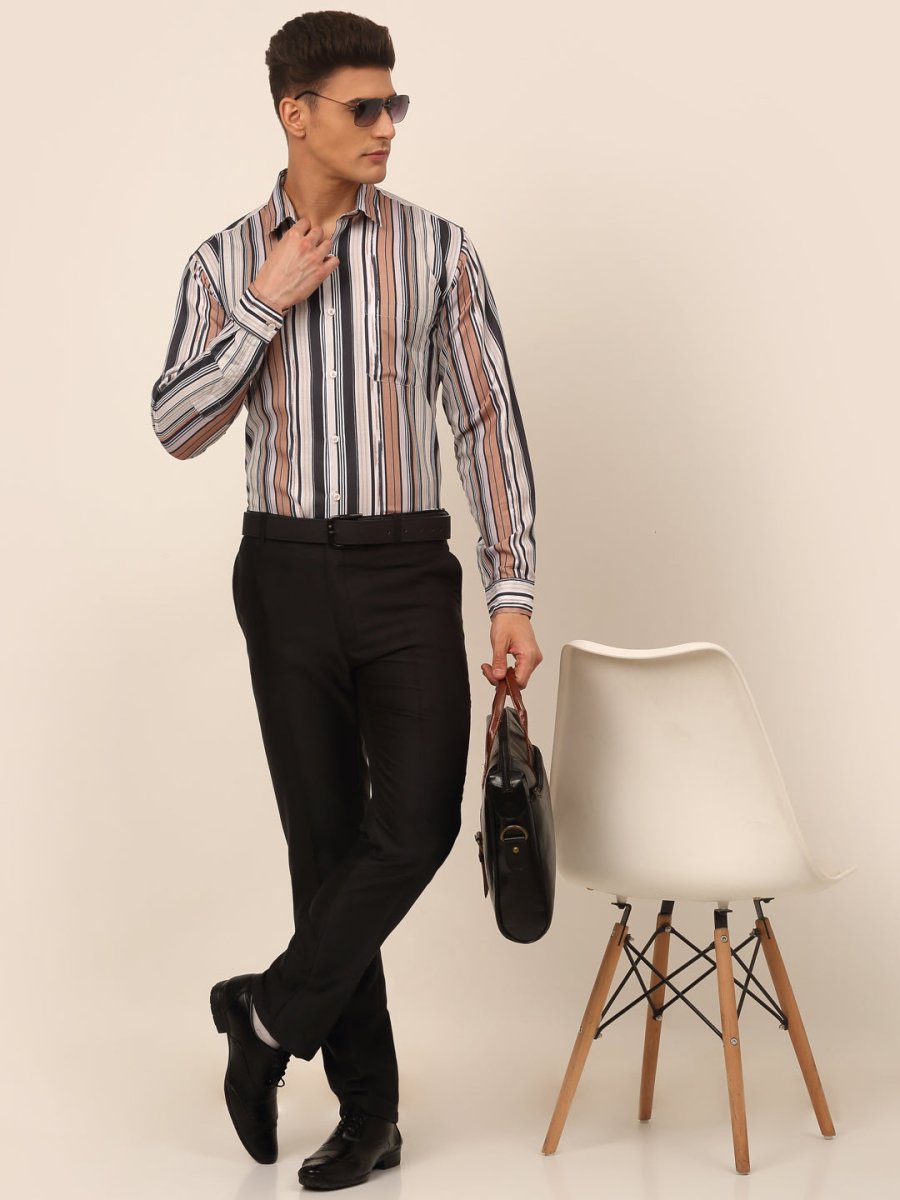 Men's Cotton Striped Formal Shirts - SF_832Brown_S
