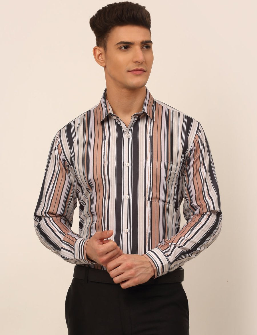 Men's Cotton Striped Formal Shirts - SF_832Brown_S