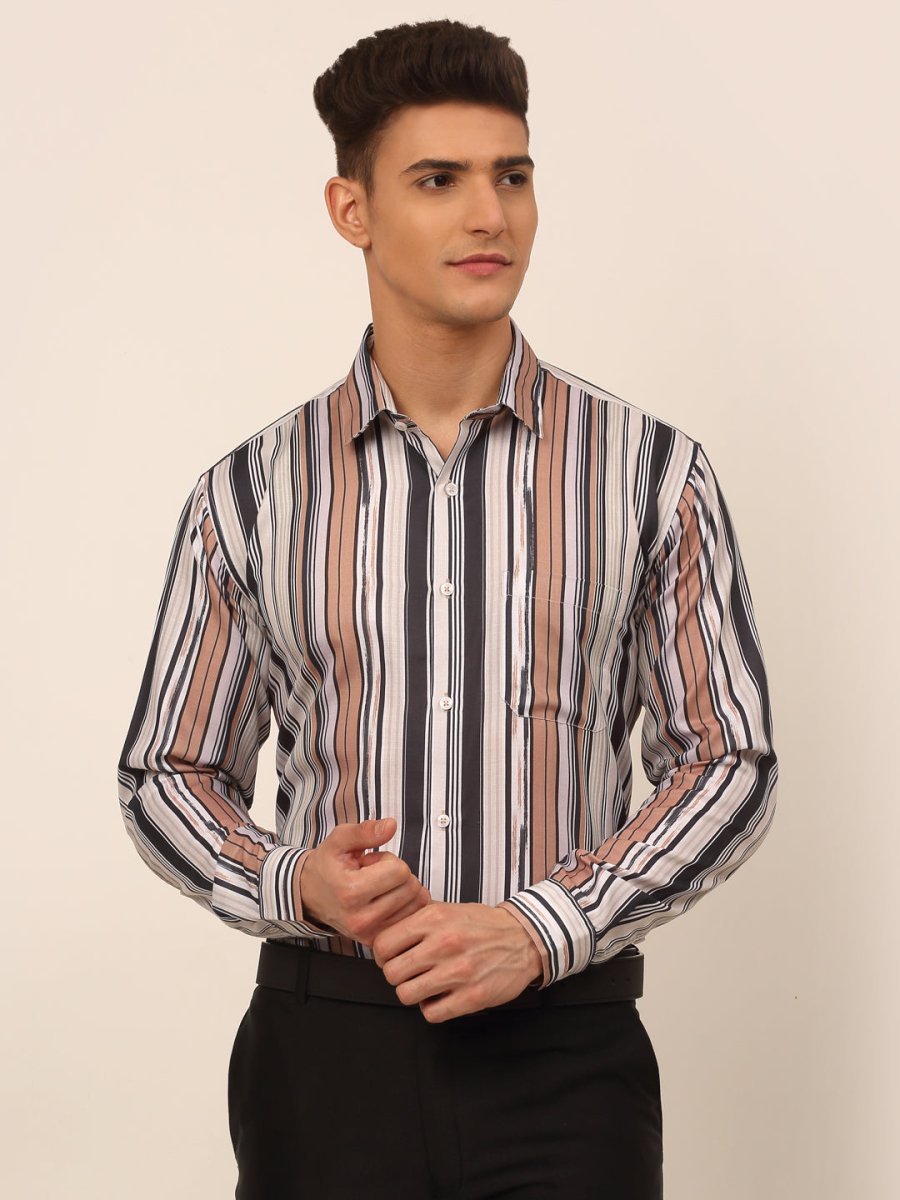 Men's Cotton Striped Formal Shirts - SF_832Brown_S