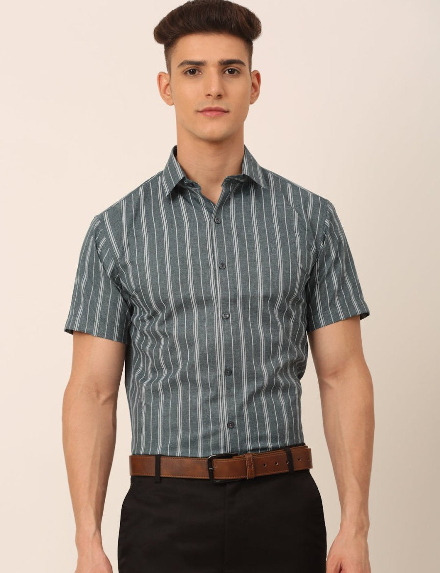 Men's Cotton Striped Formal Shirts - SF_822Grey_S