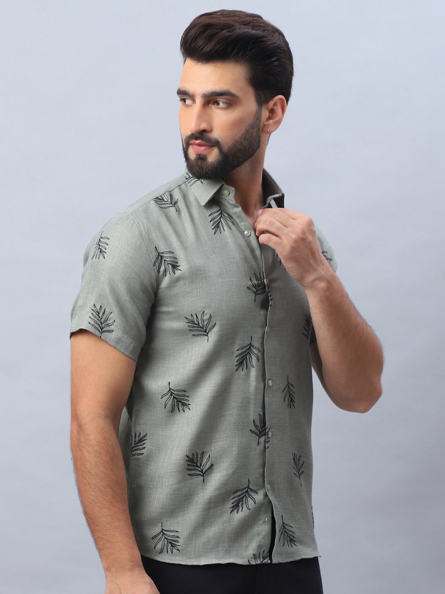 Men's Embroidered Cotton Casual Shirt - SF_972Olive_S