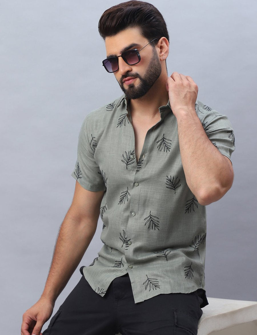Men's Embroidered Cotton Casual Shirt - SF_972Olive_S