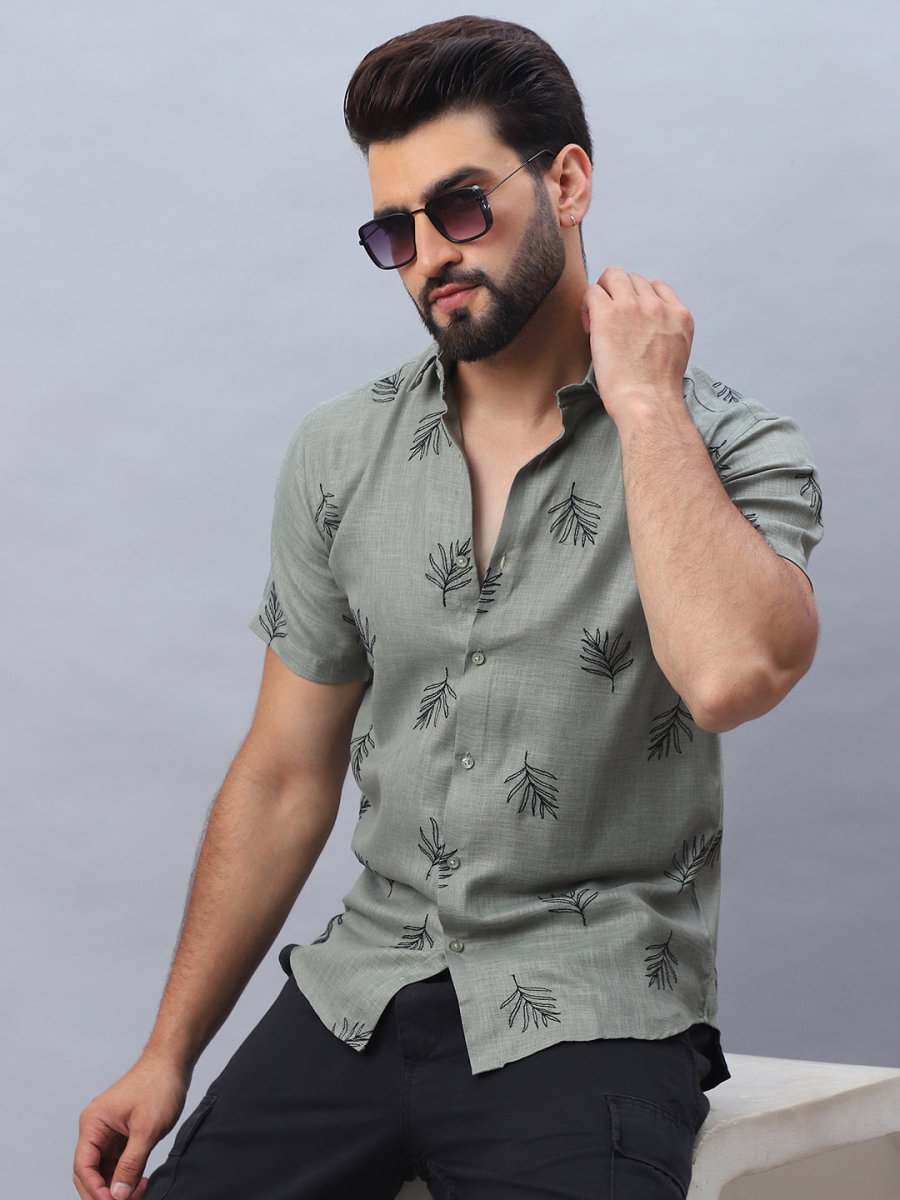 Men's Embroidered Cotton Casual Shirt - SF_972Olive_S