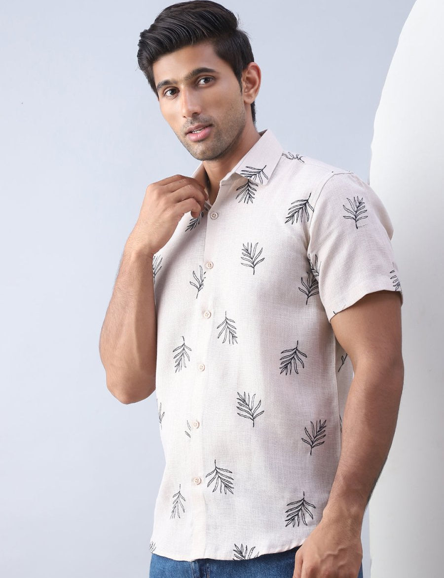 Men's Embroidered Cotton Casual Shirt - SF_972Beige_S