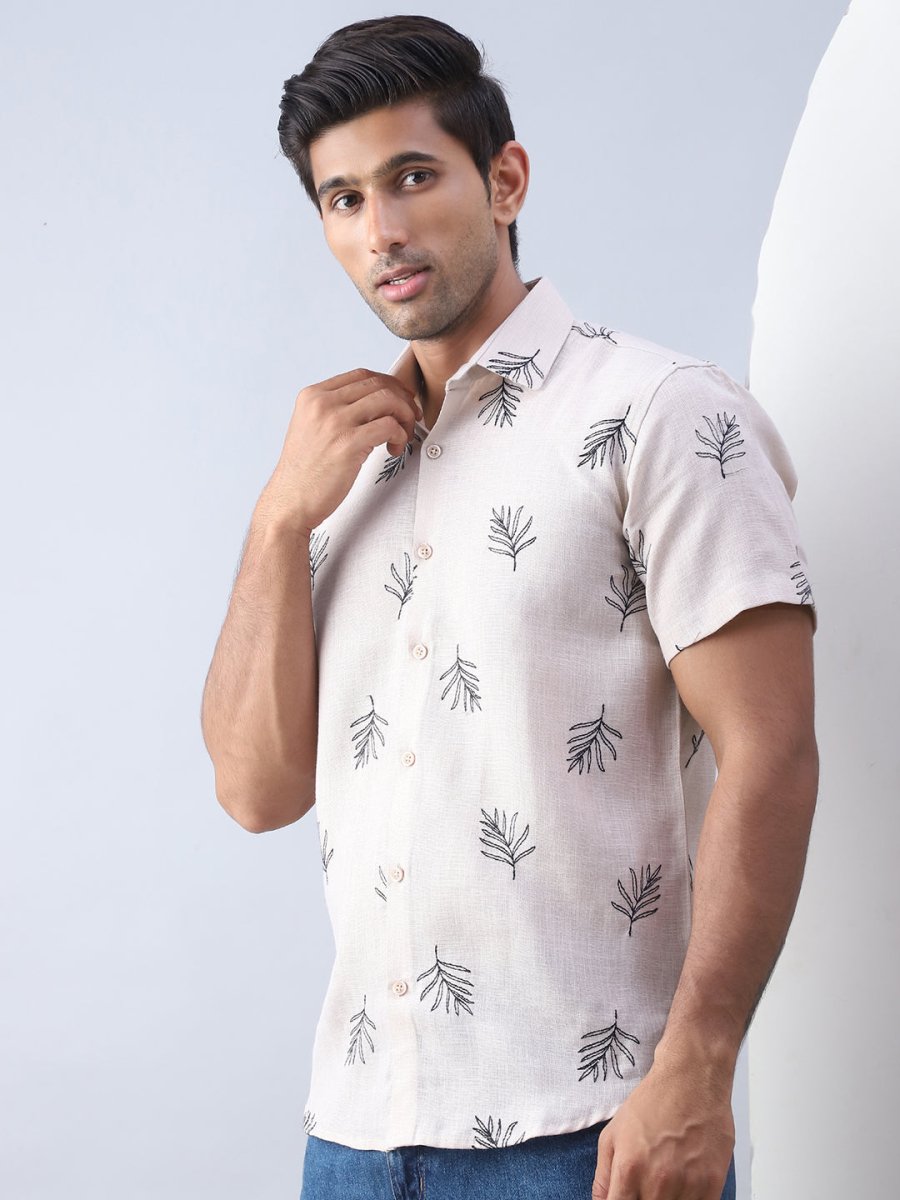 Men's Embroidered Cotton Casual Shirt - SF_972Beige_S