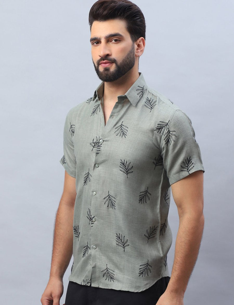 Men's Embroidered Cotton Casual Shirt - SF_972Olive_S
