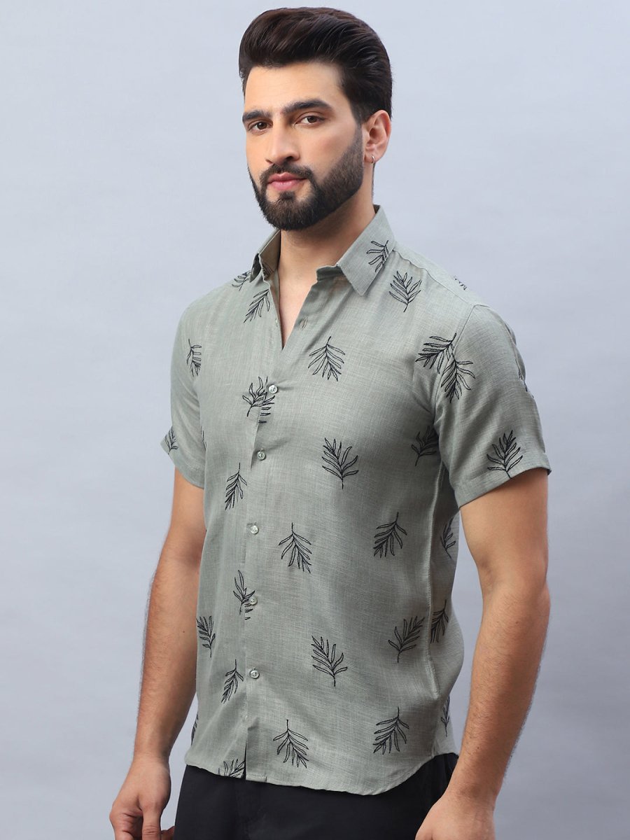 Men's Embroidered Cotton Casual Shirt - SF_972Olive_S