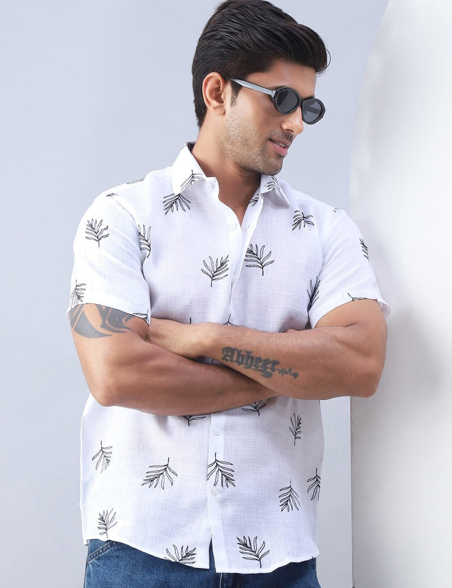 Men's Embroidered Cotton Casual Shirt - SF_972White_S