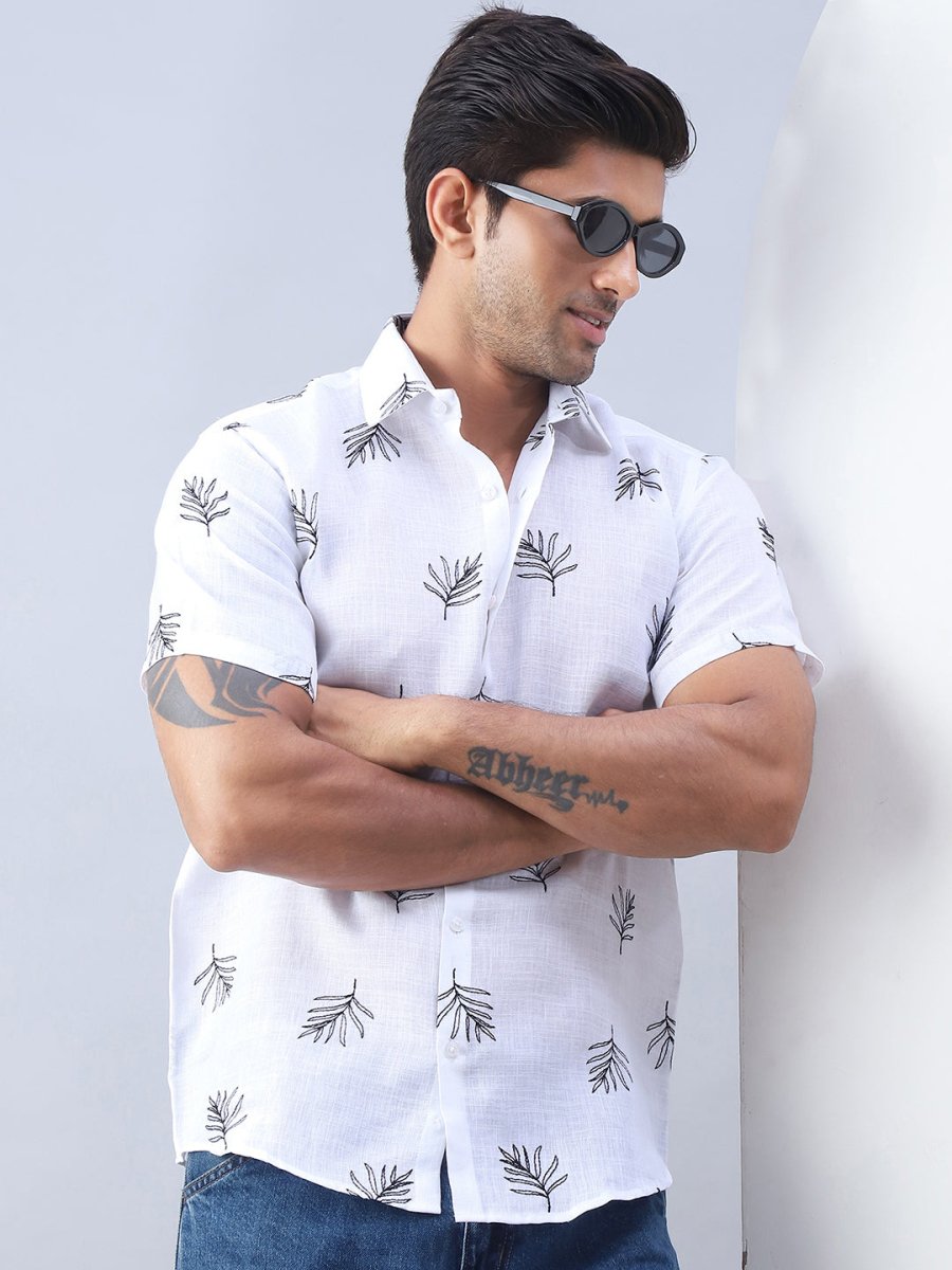 Men's Embroidered Cotton Casual Shirt - SF_972White_S