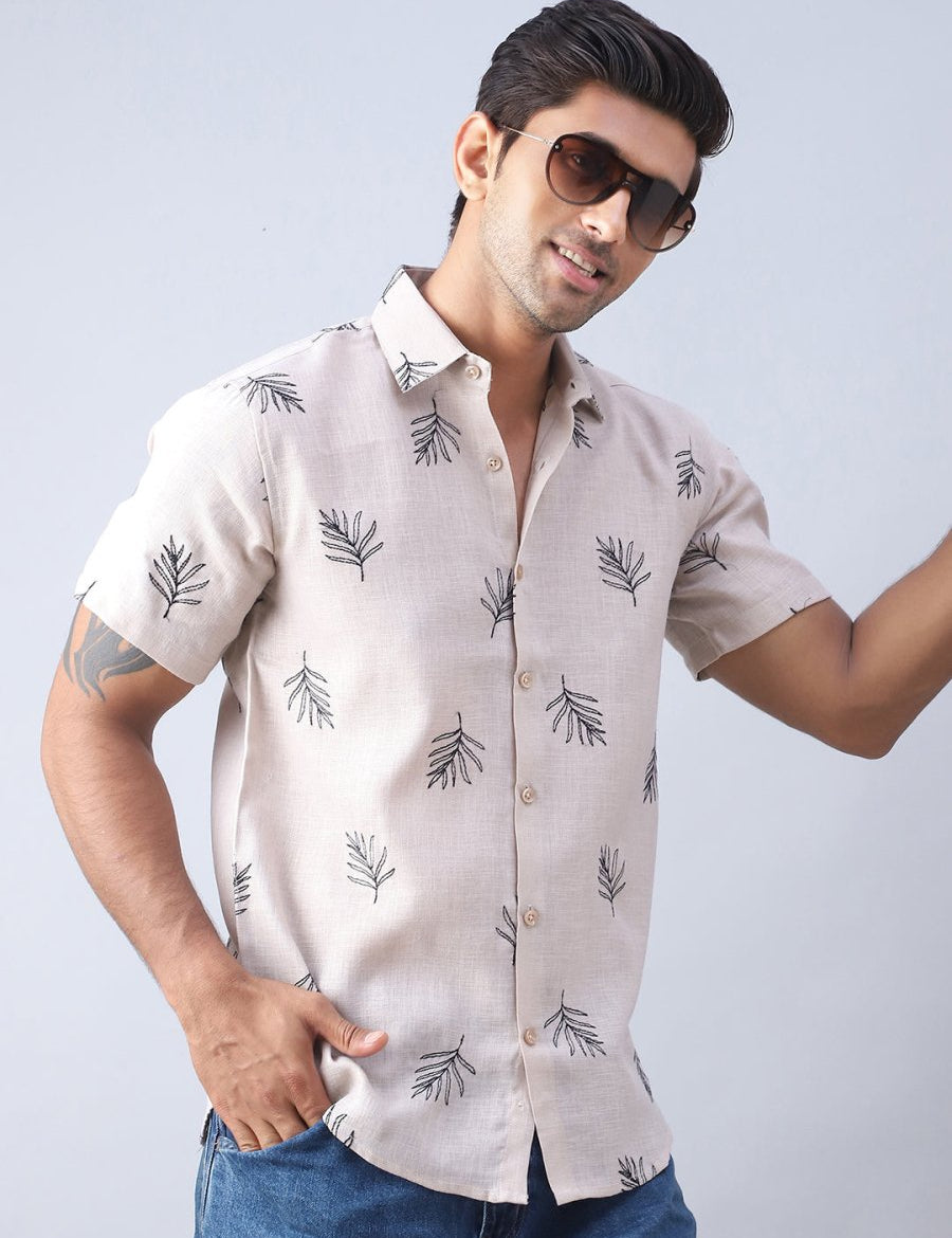 Men's Embroidered Cotton Casual Shirt - SF_972Beige_S