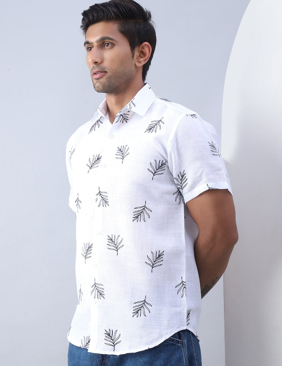 Men's Embroidered Cotton Casual Shirt - SF_972White_S