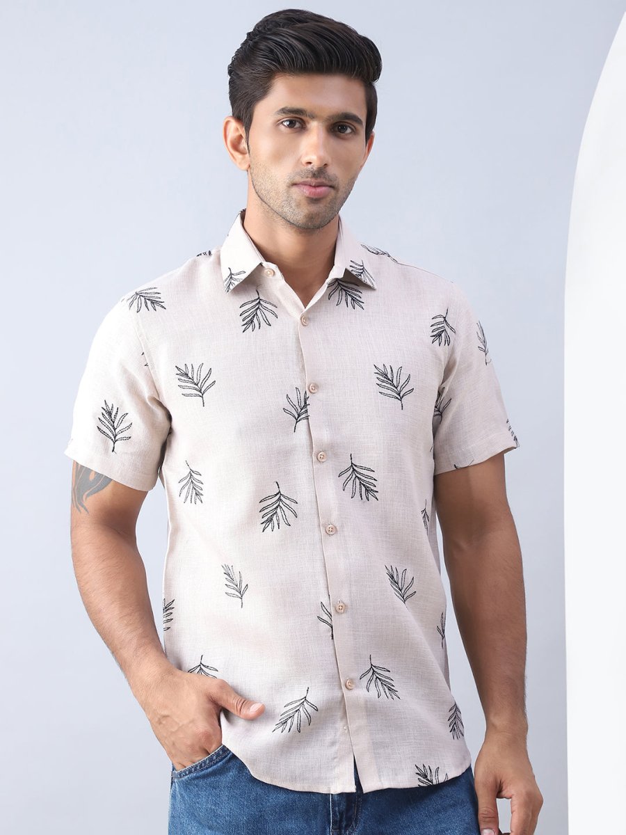 Men's Embroidered Cotton Casual Shirt - SF_972Beige_S