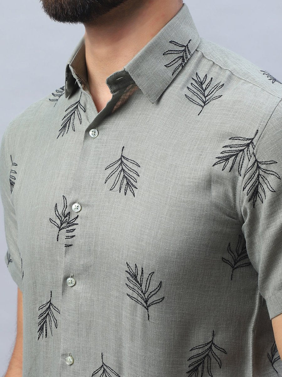 Men's Embroidered Cotton Casual Shirt - SF_972Olive_S