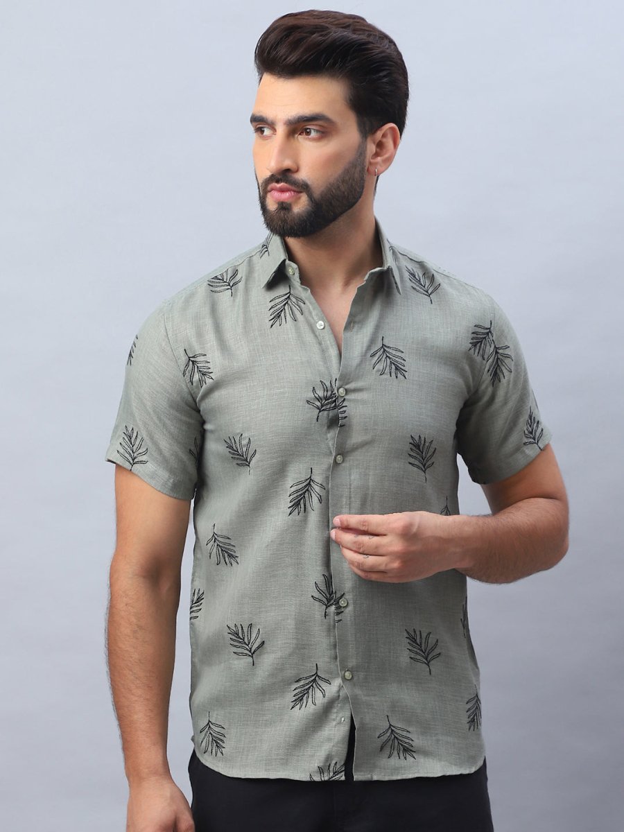 Men's Embroidered Cotton Casual Shirt - SF_972Olive_S