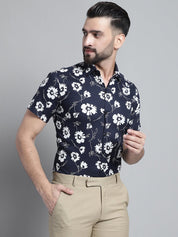 Men's Floral Printed Formal Shirt - SF_881Navy_S