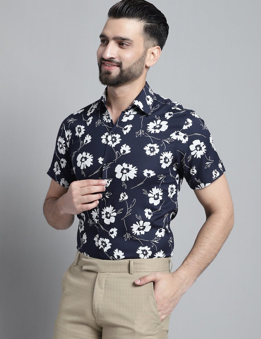 Men's Floral Printed Formal Shirt - SF_881Navy_S