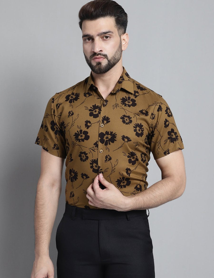 Men's Floral Printed Formal Shirt - SF_881Mustard_S