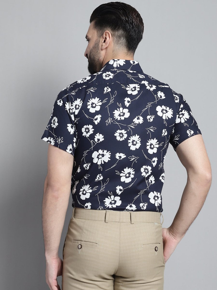 Men's Floral Printed Formal Shirt - SF_881Navy_S
