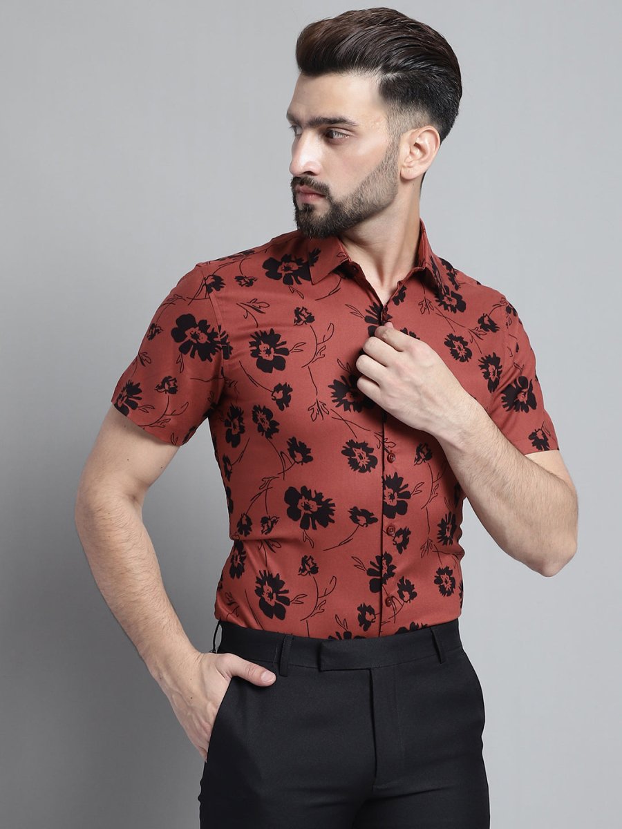 Men's Floral Printed Formal Shirt - SF_881Rust_S