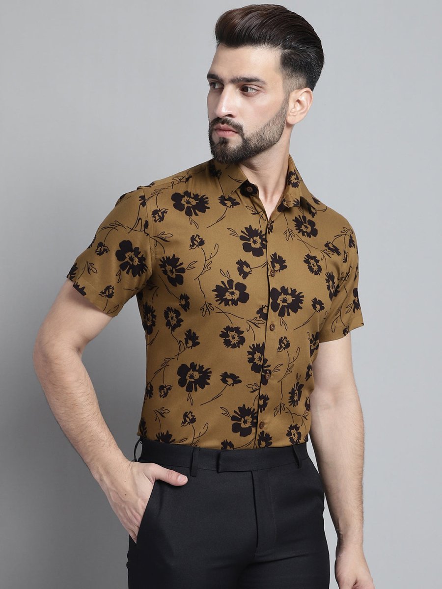 Men's Floral Printed Formal Shirt - SF_881Mustard_S