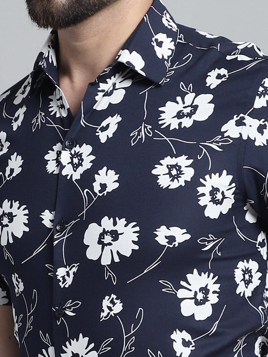 Men's Floral Printed Formal Shirt - SF_881Navy_S