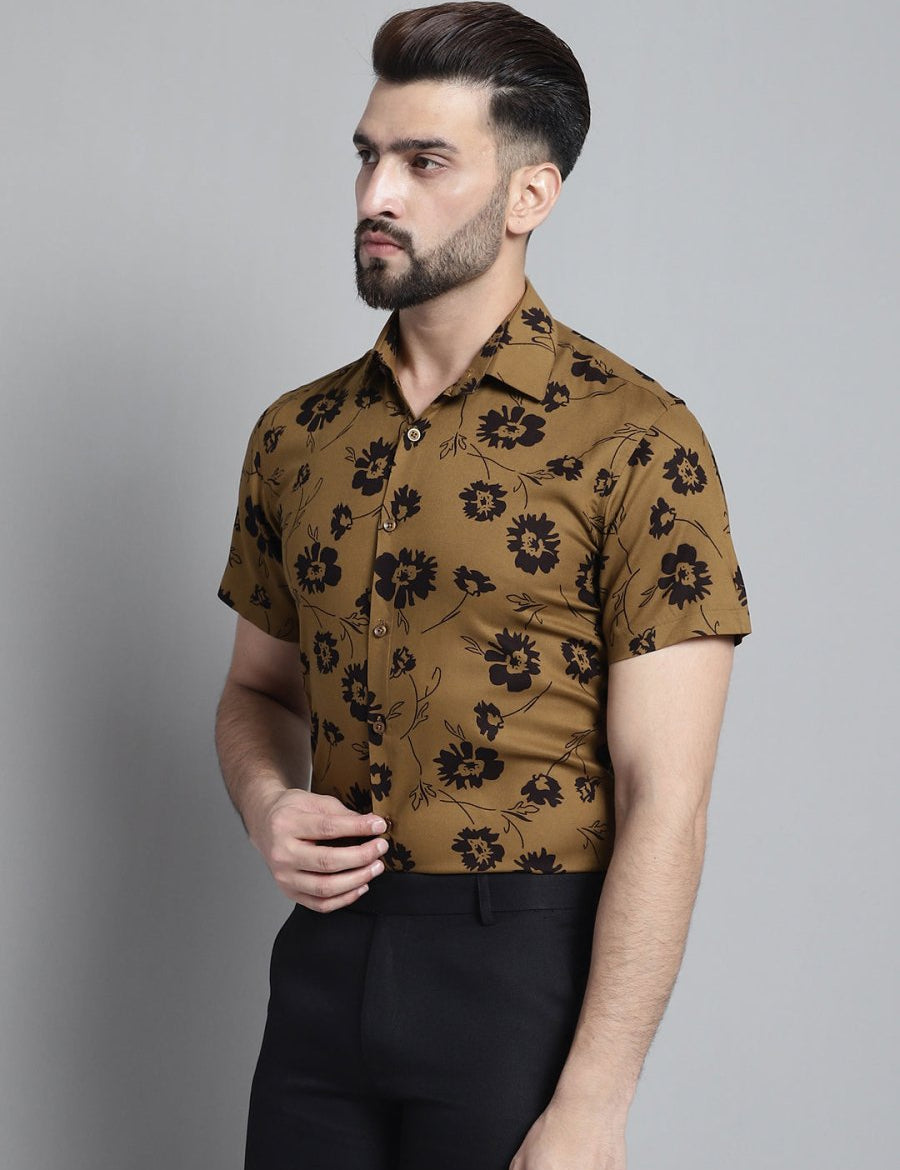 Men's Floral Printed Formal Shirt - SF_881Mustard_S